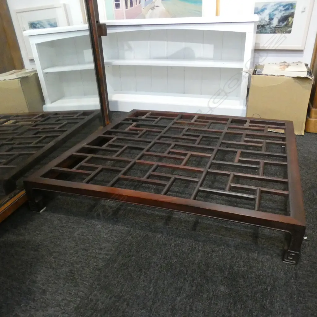 LARGE CHINESE TEAK LOW TABLE, TRELLIS PATTERNED TOP, 900 x 950 x 140mm Image 1++