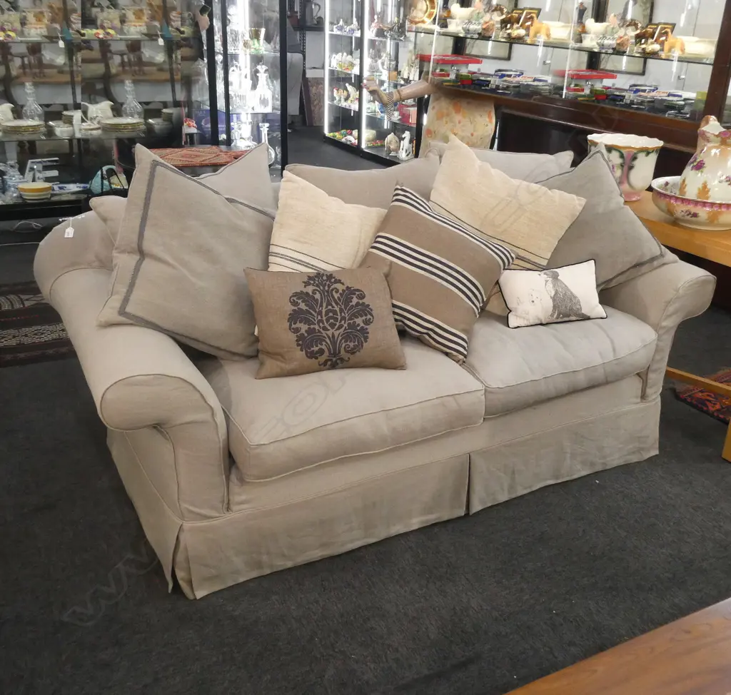 UPHOLSTERED ROLL ARM SOFA IN GREY LINEN + ASST. CUSHIONS W.2000mm Image 1++
