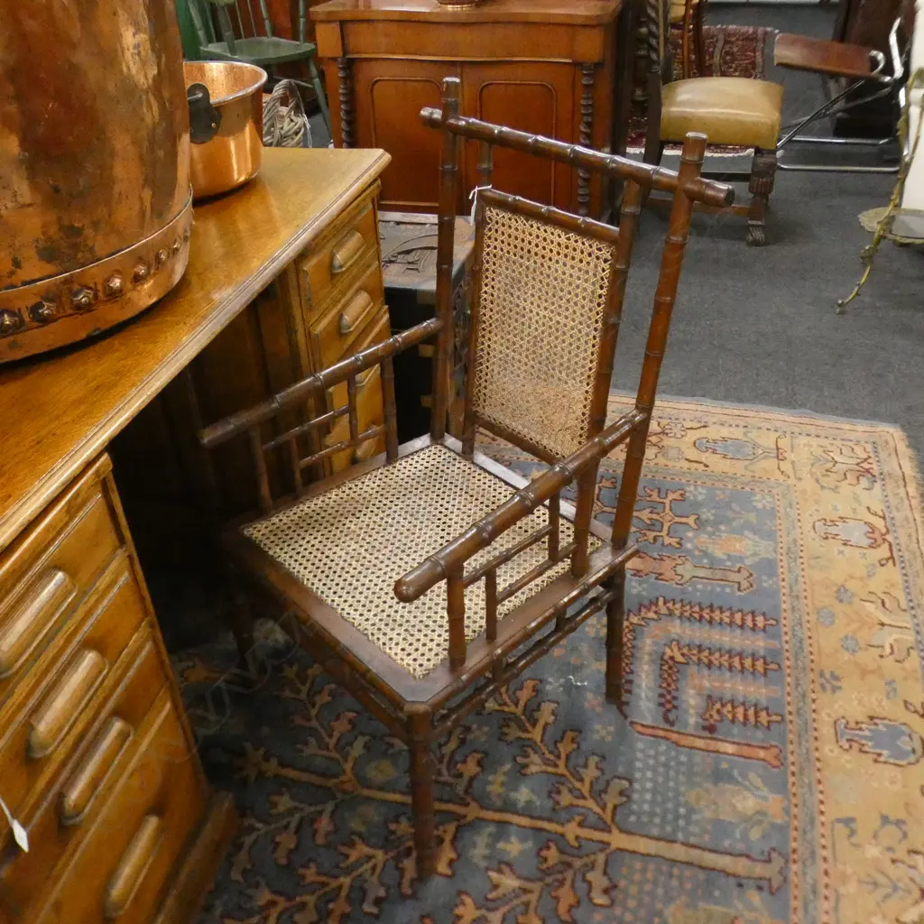 FAUX BAMBOO (WALNUT?) & WOVEN CANE CHAIR Image 1++