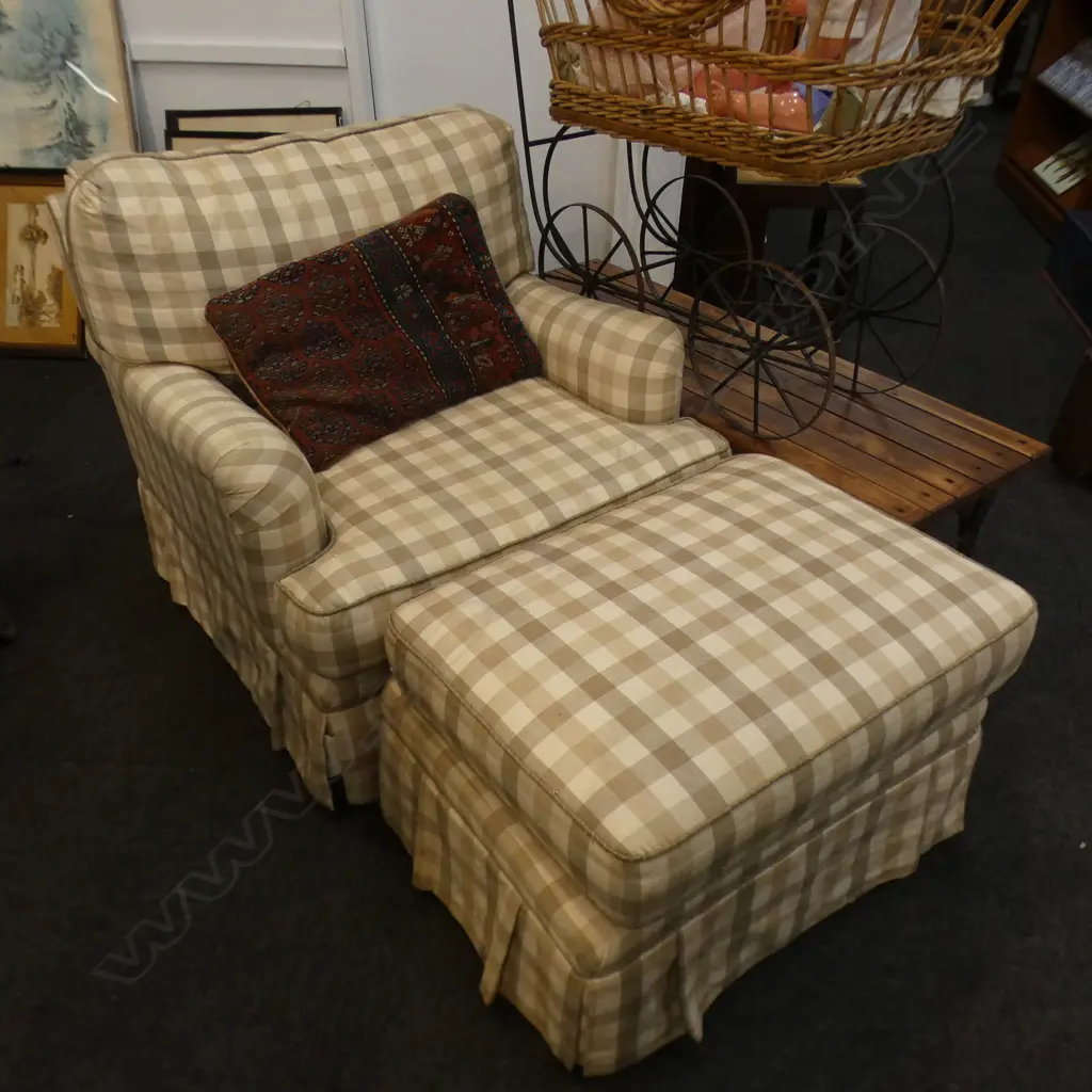 ARMCHAIR WITH MATCHING OTOMAN WITH CUSHION SHOWING SOME WEAR Image 1++