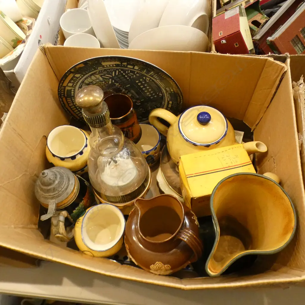 BOX LOT DOULTON JUGS, TEA SET, BOX BROWNIE ETC Image 1++
