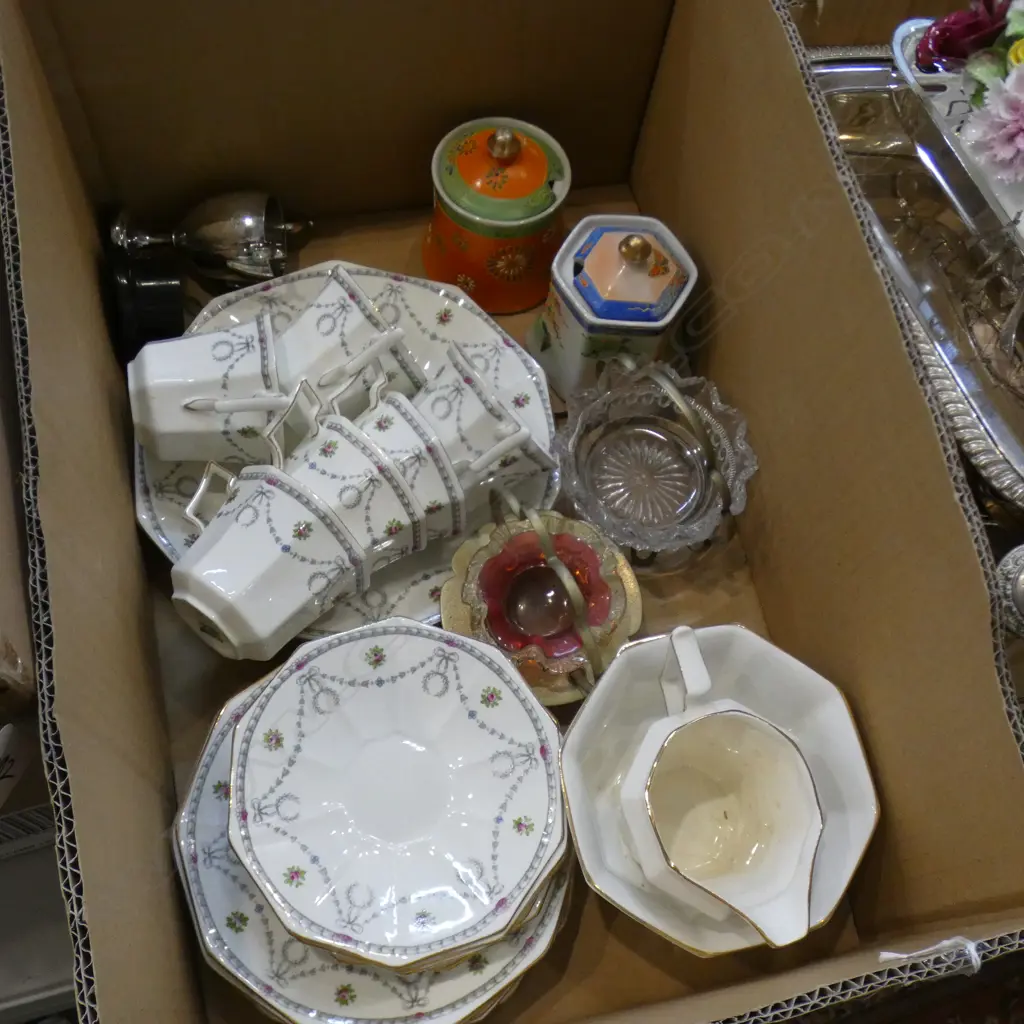 BOX LOT ASST VINTAGE CHINA & GLASS INCL ALLERTON TEA SET Image 1++