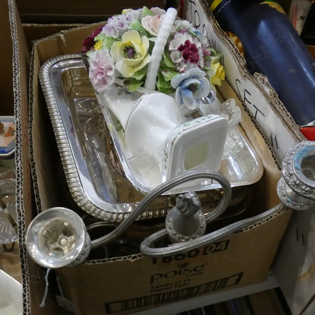 BOX LOT EP, R. DOULTON FLOWER BASEKET, WATERFORD BUTTERLY ETC Image 1++