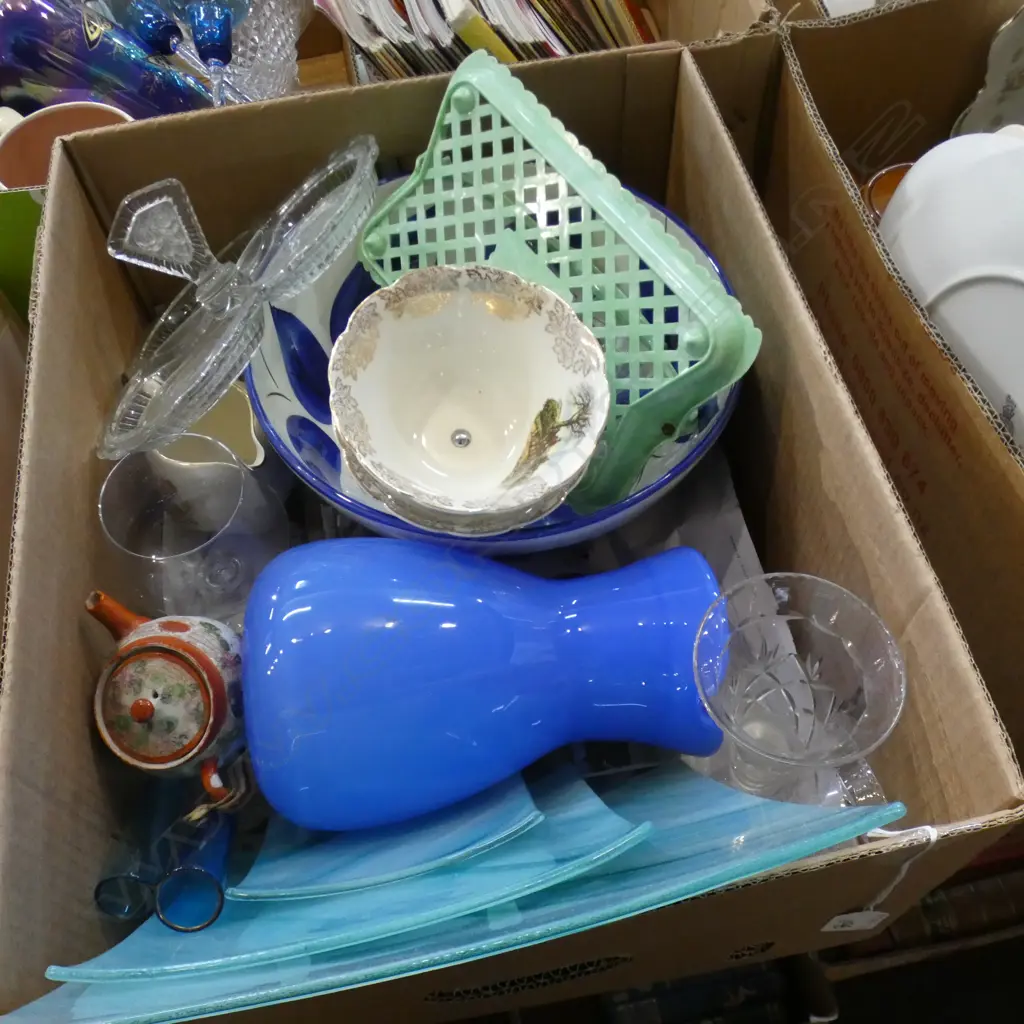 BOX ASST; BLUE GLASS / CRYSTAL, CHINA ETC..  Image 1++