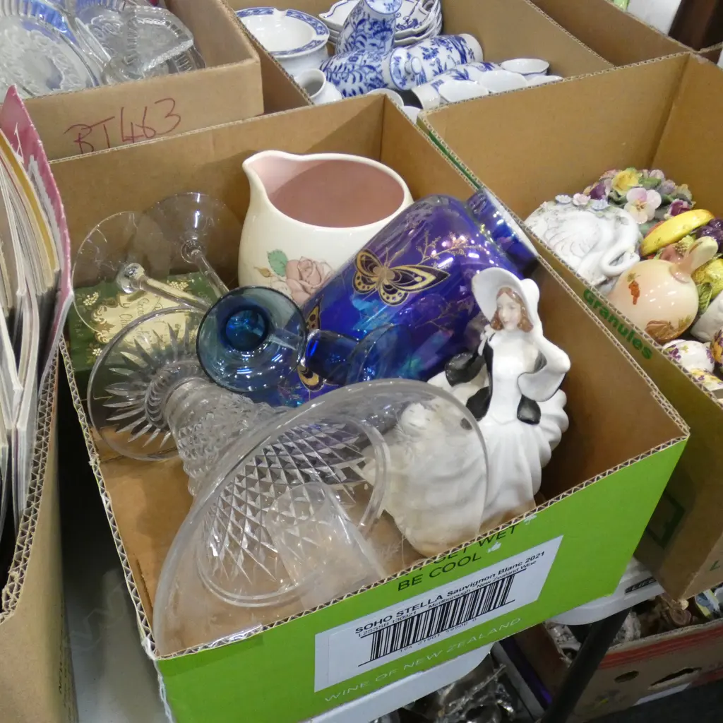 BOX LOT ASST. CHINA; ROYAL DOULTON FIGURINE, LUSTRE VASE, ETC Image 1++