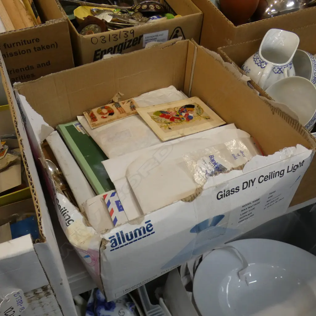 BOX OF STAMPS ETC. INC MODERN PACKS, LOOSE STAMPS + 2 FINE EMBROIDERED PANELS  Image 1++