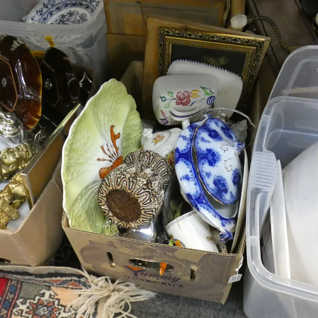 BOX LOT ASST. CHINA; B/W TUREEN, POOLE, EP, PRINTS ETC Image 1++