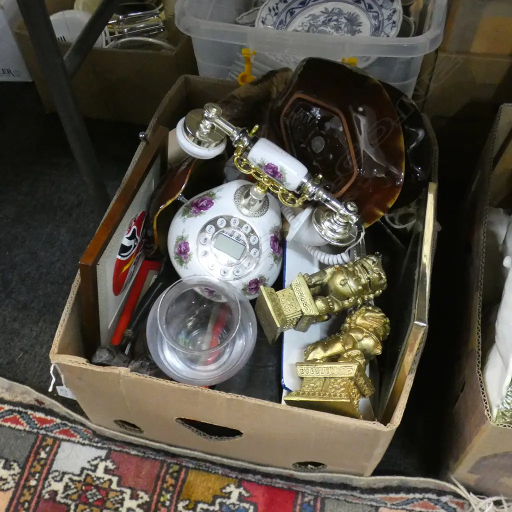 BOX LOT LEATHER MAORI PORTRAITS, ARTWORKS, EP, RESIN AFRICAN FIGURES, PR GOLD RESIN FU DOGS, VINTAGE STYLE TELEPHONE ETC Image 1++