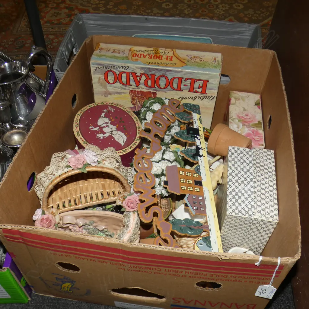 BOX MISC INCL OLD BOXES SOME WITH CONTENTS, TOPIARY TREE ORNAMENTS ETC.. Image 1++