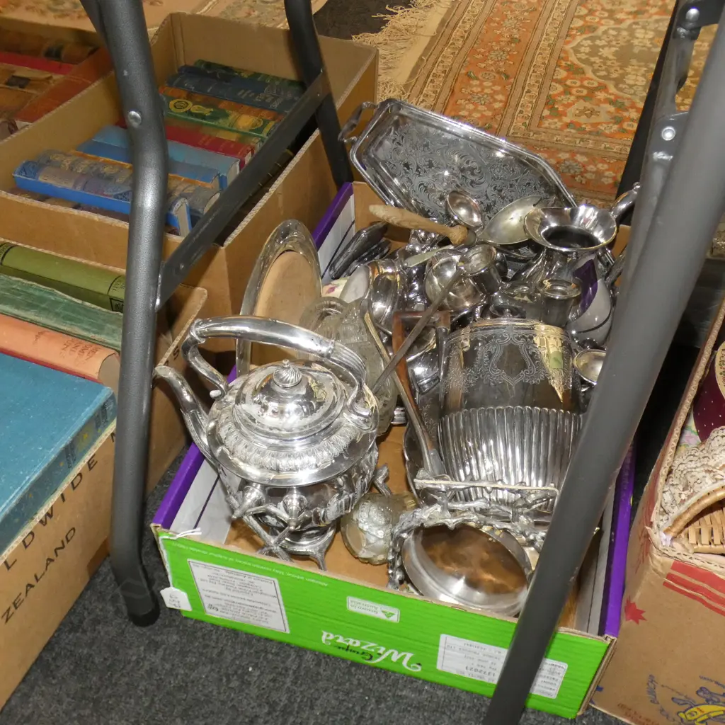 BOX LOT ASST. EPNS; SPIRIT KETTLE, COFFEE POT, GONG ETC Image 1++