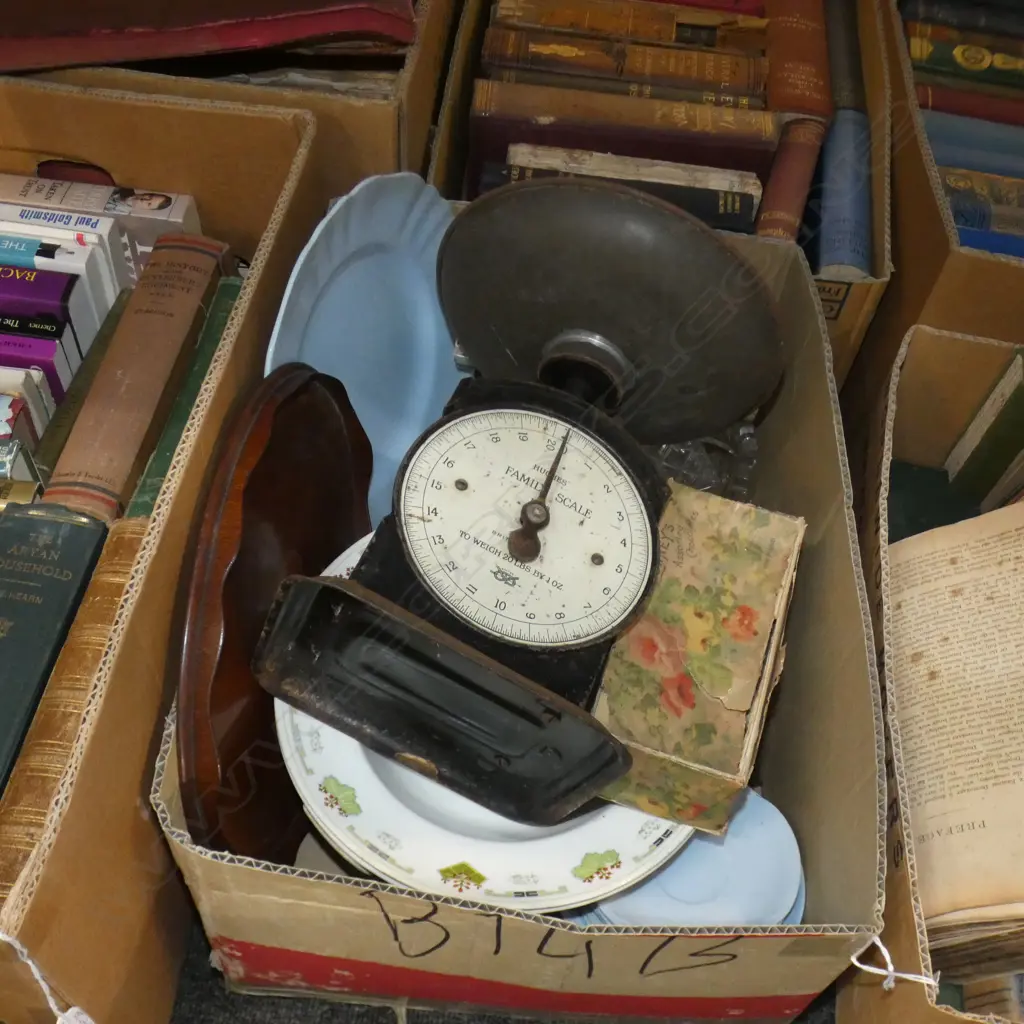 BOX LOT ASST. CHINA & CRYSTAL + OLD KITCHEN SCALE EX HIGHWIC HOUSE Image 1++