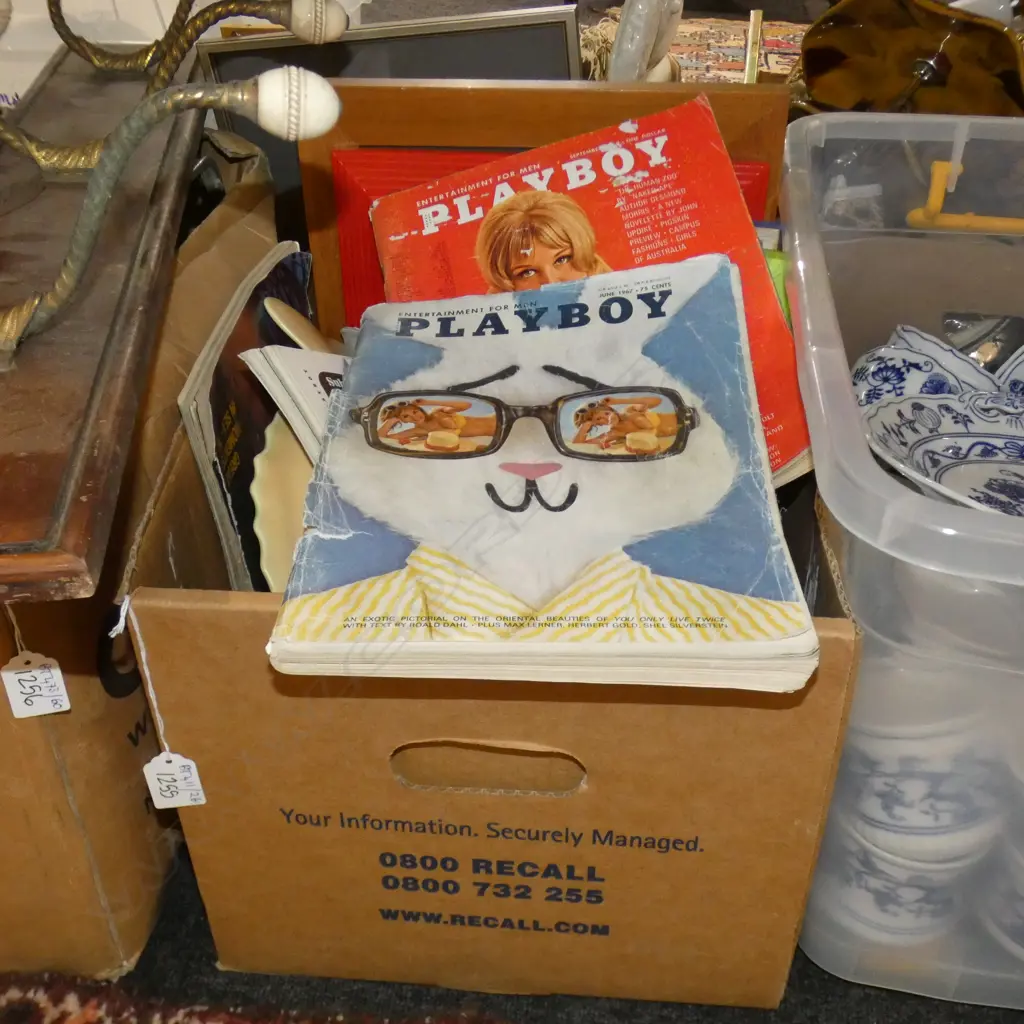 BOX LOT VINTAGE PLAYBOYS, GLOBE, FRAMED BANKSY PRINTS Image 1++