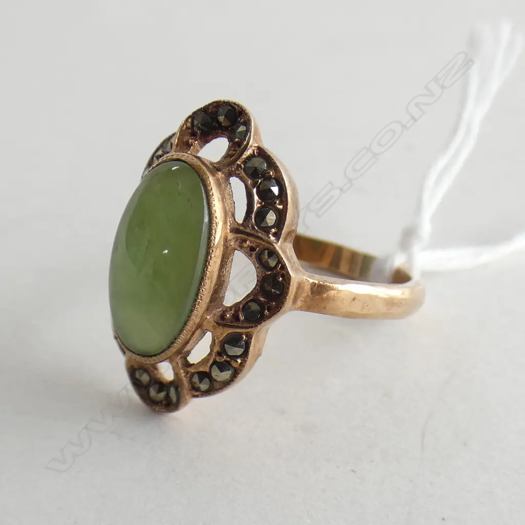 9CT ROSE GOLD GREENSTONE & MARCASITE RING Image 1++