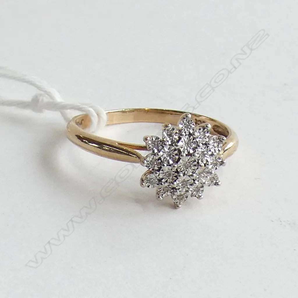 A 9ct  gold and diamond cluster ring, Image 1++