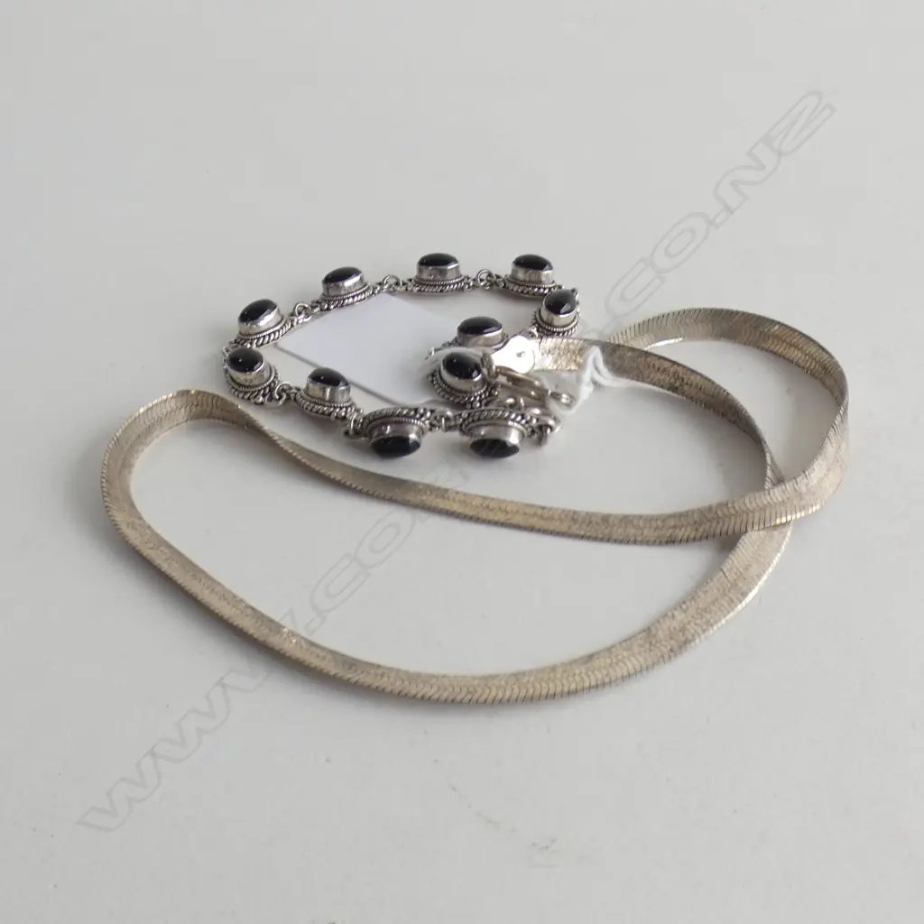 SILVER & ONYX BRACLET & ITALIAN 925 SILVER MESH NECKLACE TOTAL WGT 27GMS Image 1++