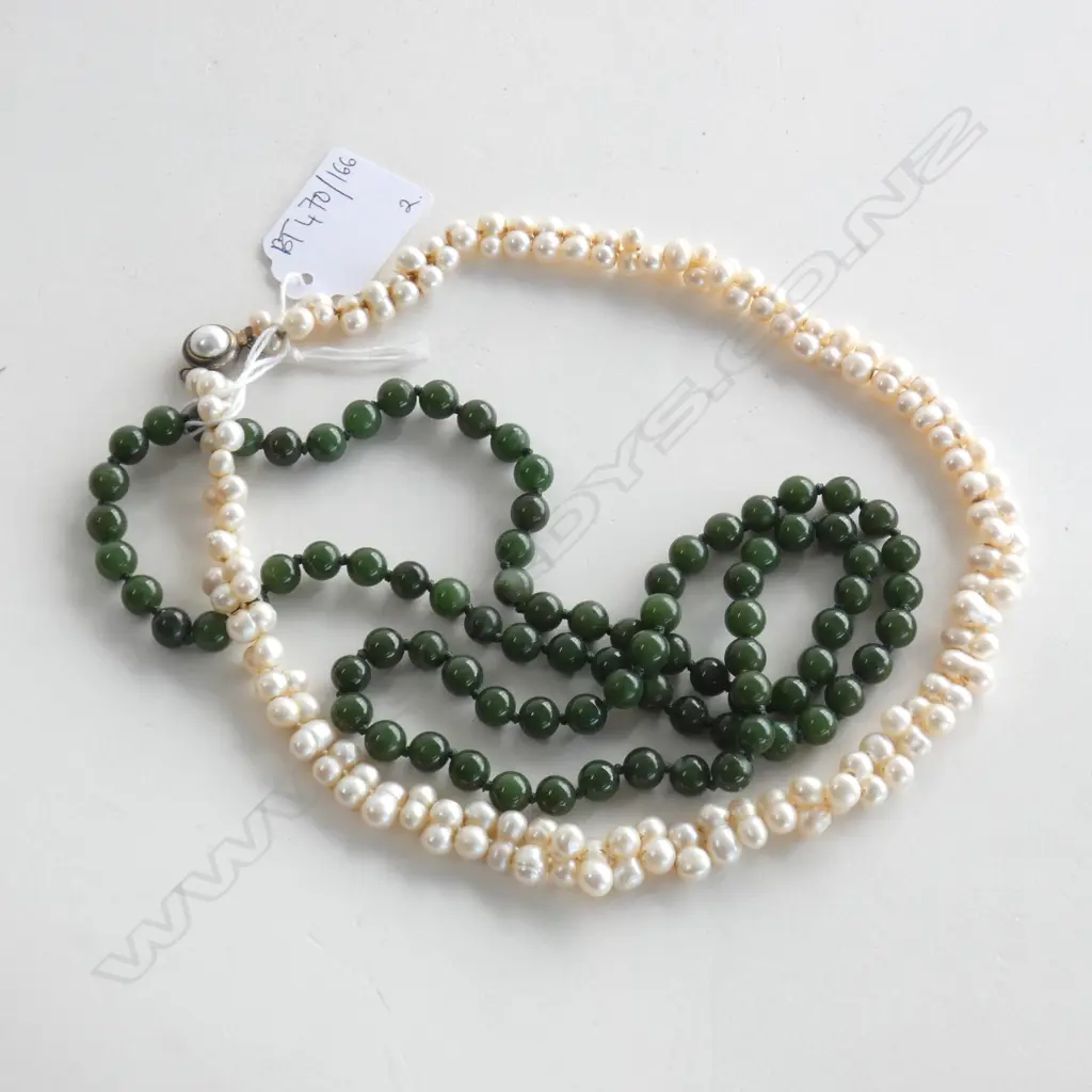 2 NECKLACES; FRESHWATER PEARL & GREEN STONE L.720  Image 1++
