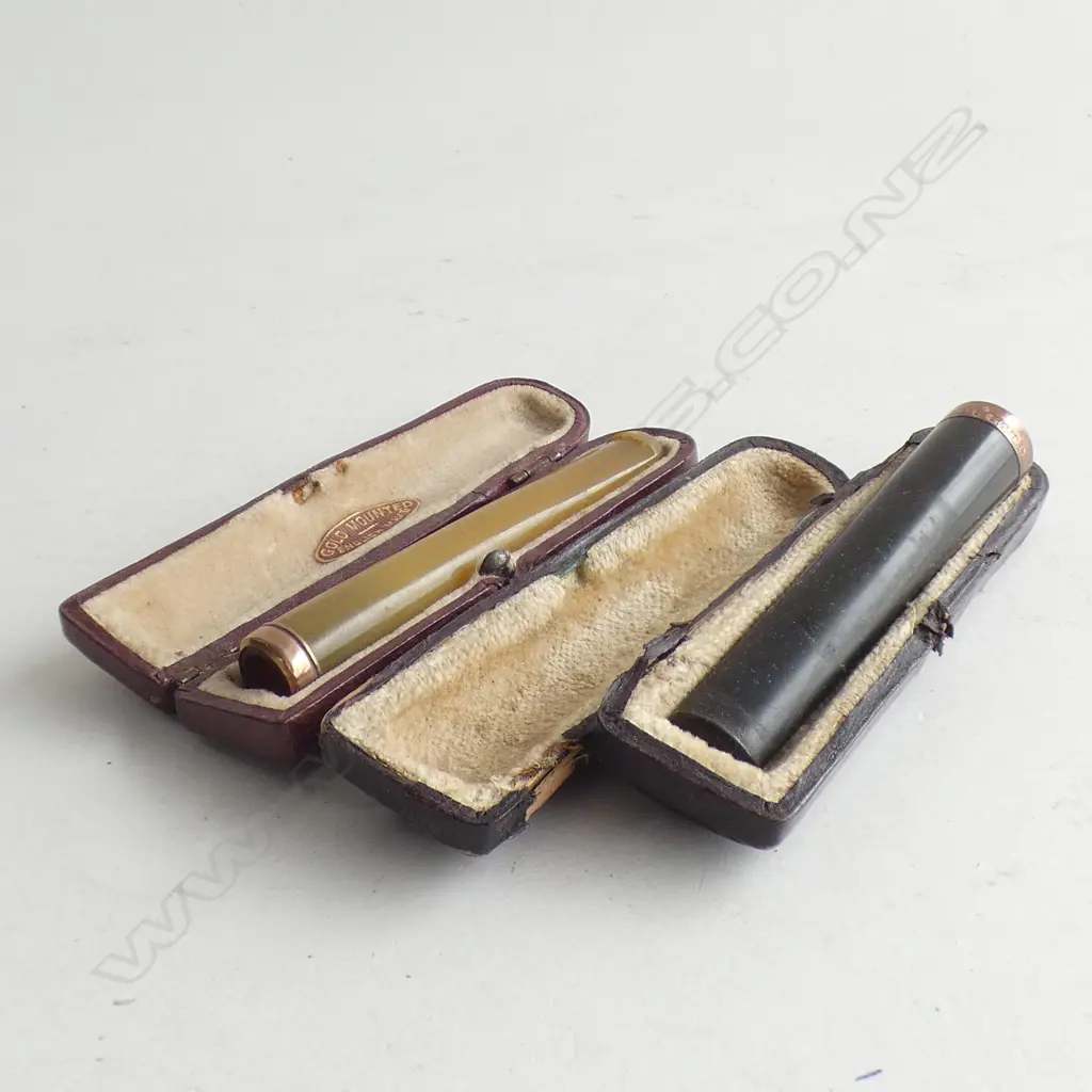 2 9CT GOLD MOUNTED CIGARETTE HOLDERS IN CASES, ONE HALLMARKED BIRM1901 Image 1++