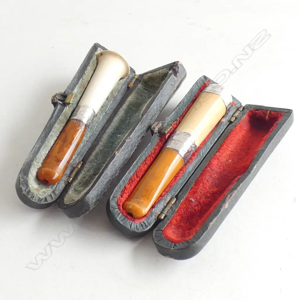 TWO ANTIQUE STG SILVER MEERSCHAUM & AMBER CIGAR HOLDERS IN CASES  Image 1++