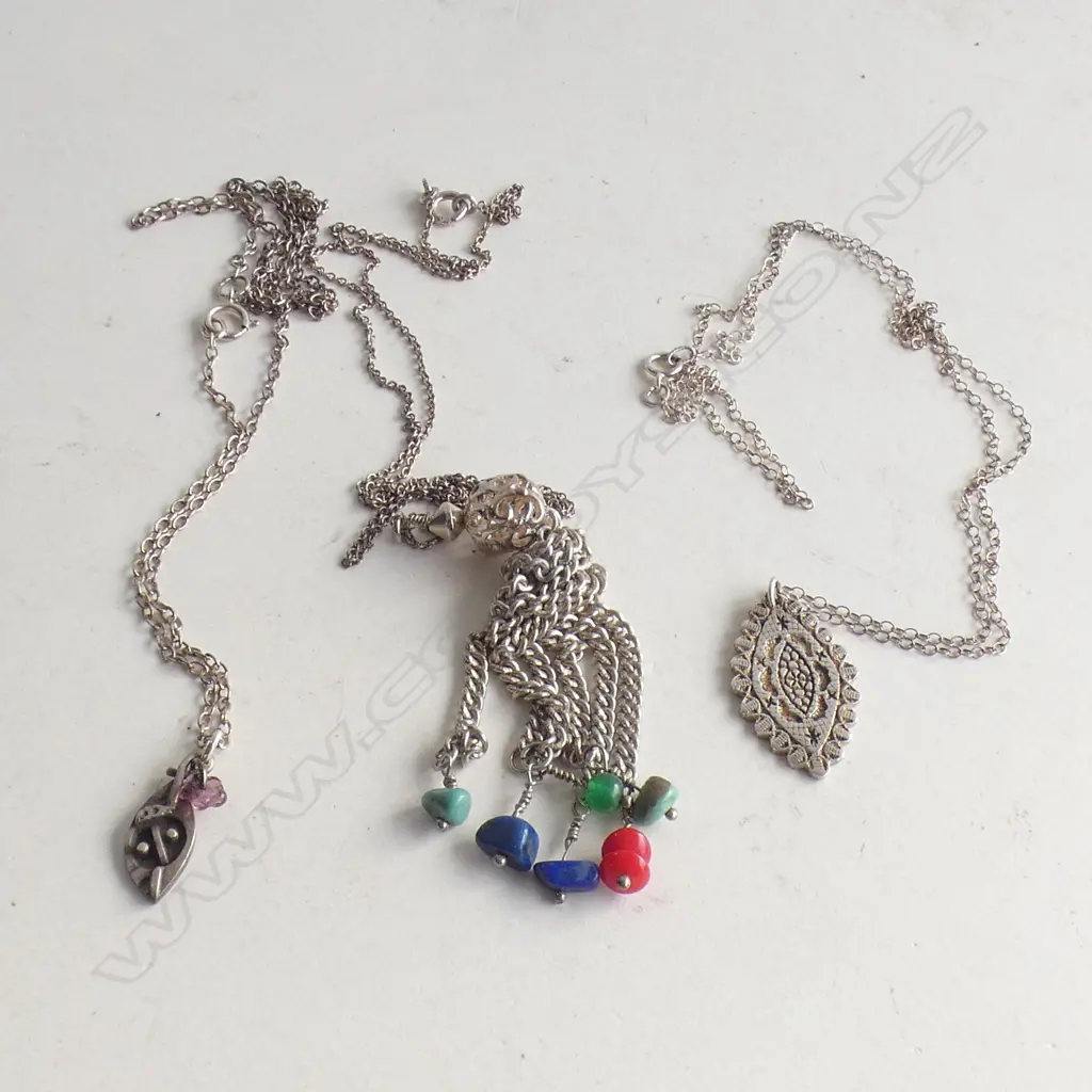 3 SILVER PENDANT NECKLACES. TRIBAL MASK + GEM STONES + INDENTED LOZENGE FORM Image 1++