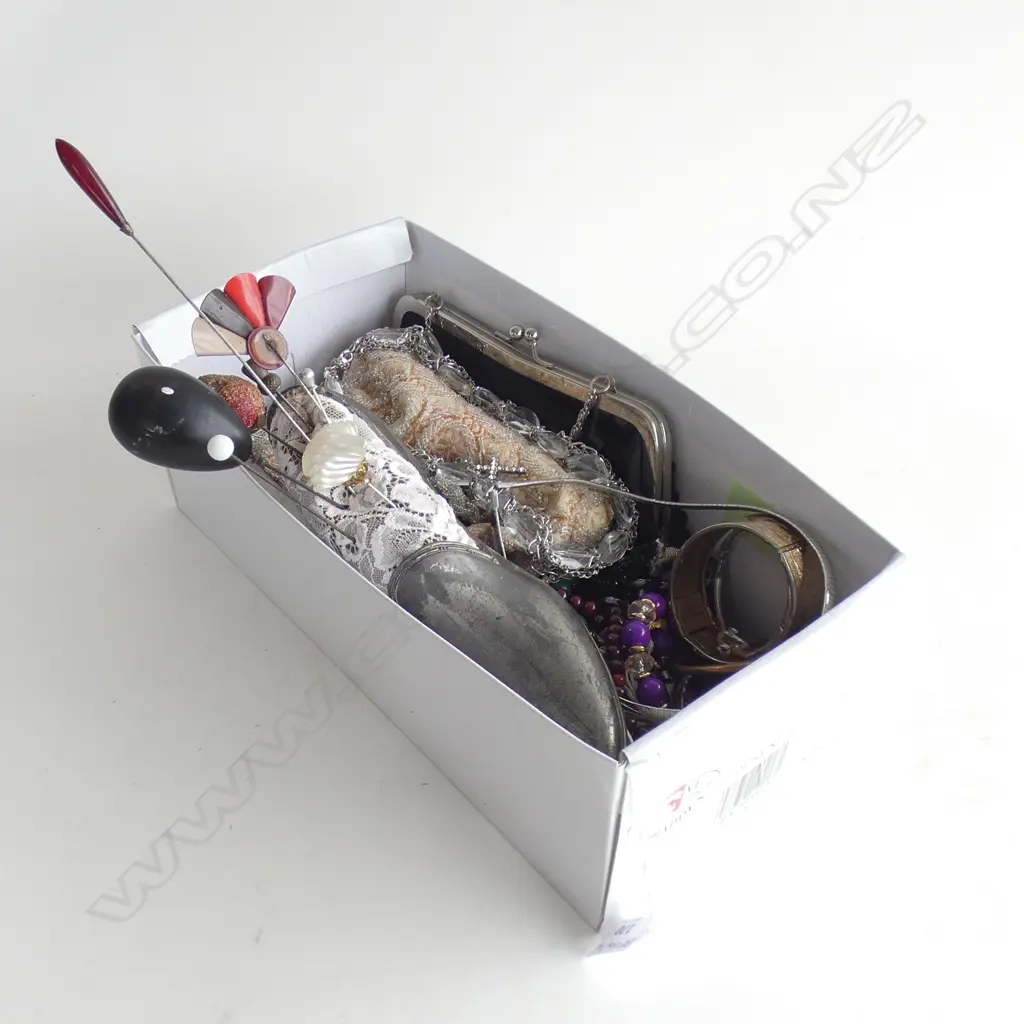 ASST. COSTUME NECKLACES, BANGLES, HAT PINS IN SHOE, 2 EVENING BAGS Image 1++