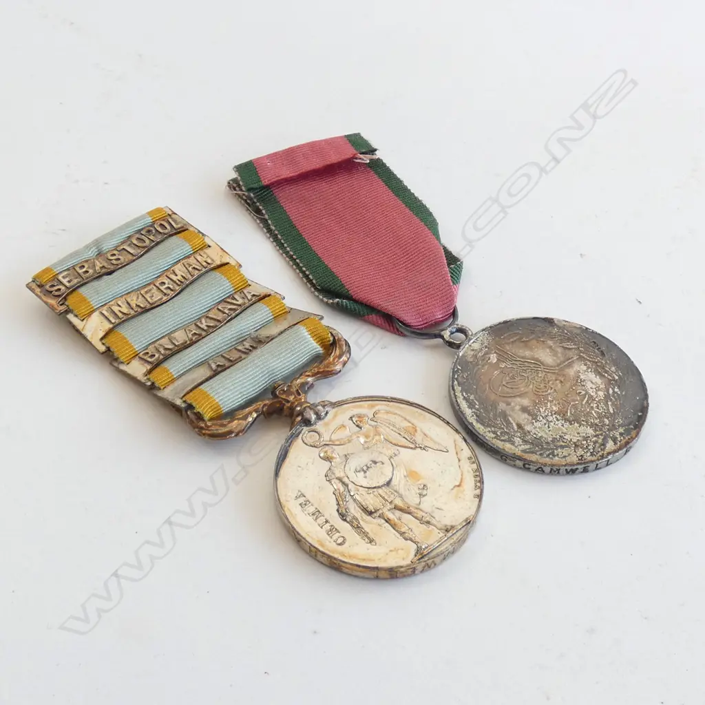 REPLICA CRIMEA WAR MEDAL w CLASPS & TURKISH CRIMEA MEDAL (both named)  to GUN G. CAMWELL R.H.A Image 1++