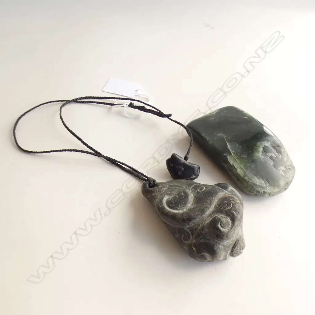POUNAMU NEPHRITE POLISHED PIECE, 85 x 55mm & STONE PENDANT CARVED ALLOVER w KORU, H.74mm Image 1++