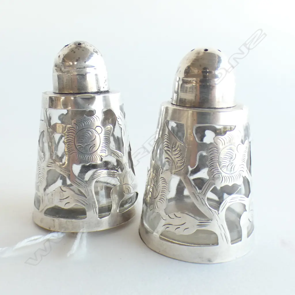 STG SILVER AND GLASS SALT AND PEPPER CONDIMENTS STAMPED STERLING H 60 MM Image 1++