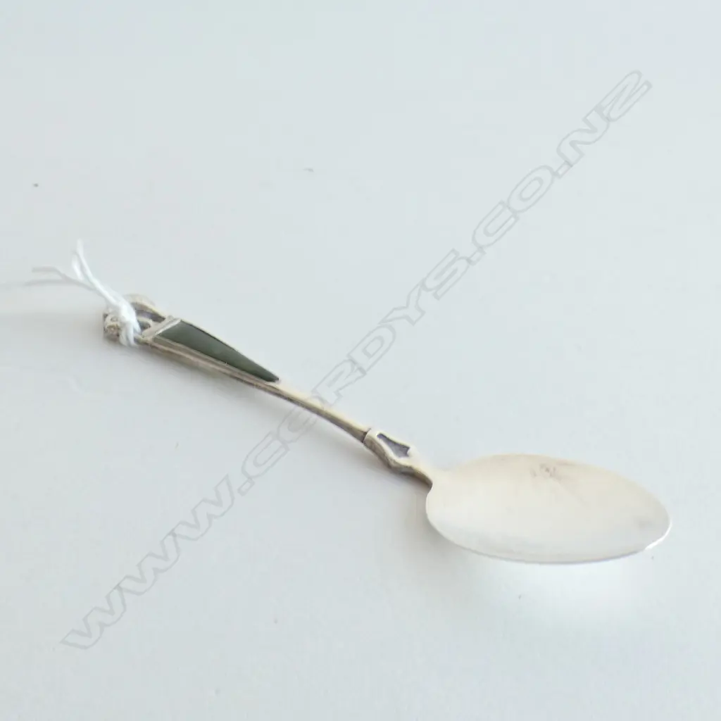 N.Z STG SILVER AND GREENSTONE KIWI SPOON STAMPED SILVER L 930 MM Image 1++