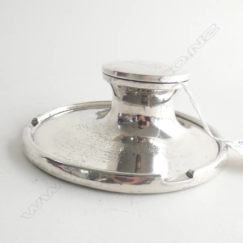 STG SILVER INKWELL COMM. OPENING CARLISLE AIRPORT ENGRAVED NAMES OF MEN ON CIVIC FLIGHT - BIRM '33 WEIGHTED BASE... Image 1++