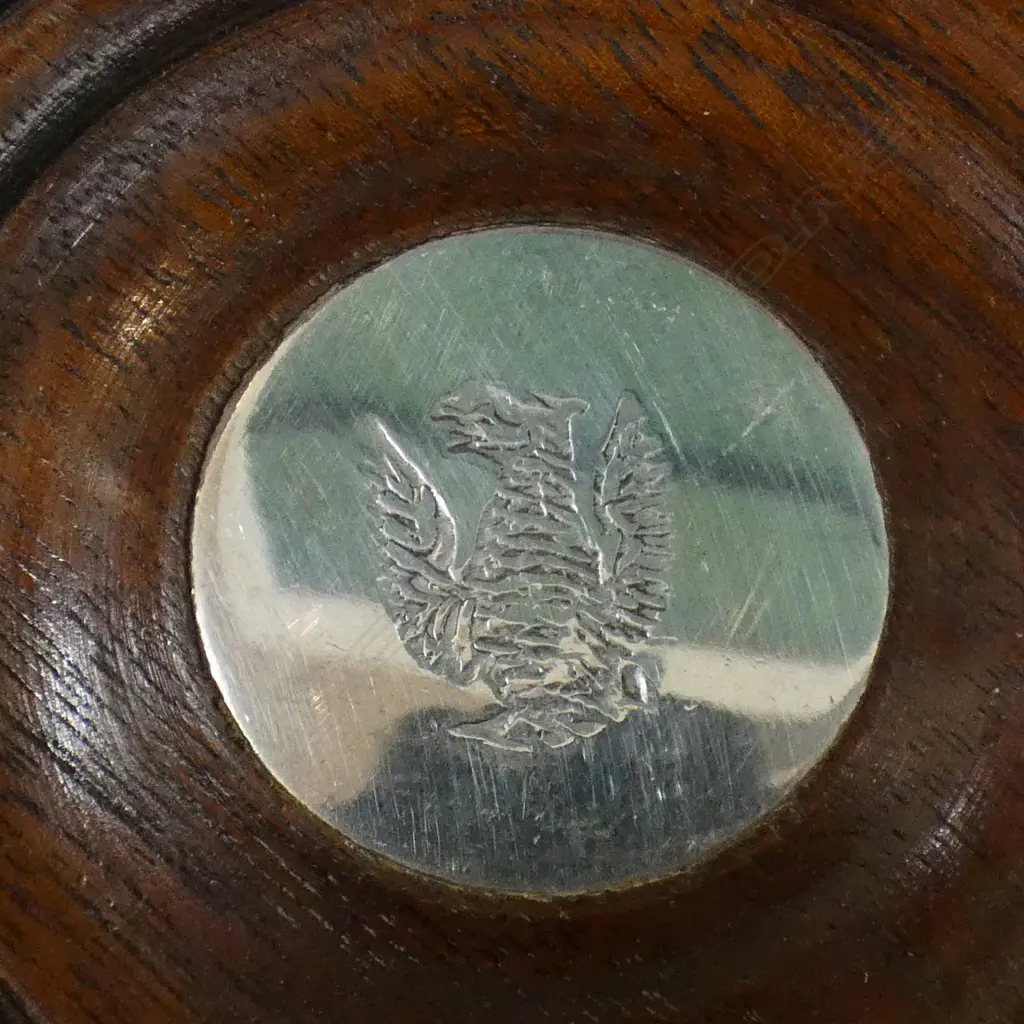 QUALITY OLD SILVER ON COPPER WINE COASTER TURNED WOODEN BASE Image 1++