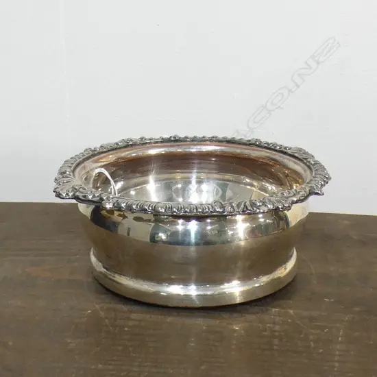 QUALITY OLD SILVER ON COPPER WINE COASTER TURNED WOODEN BASE