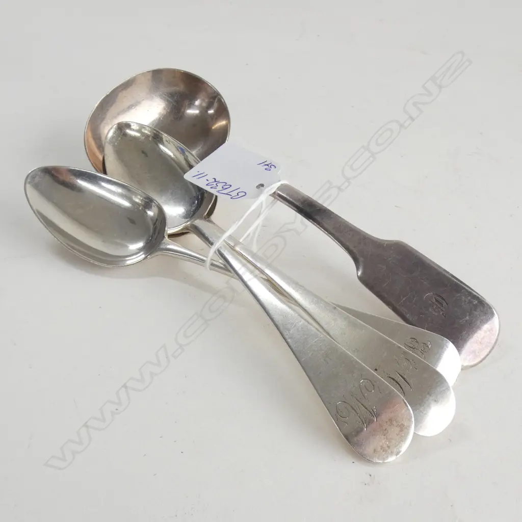 4 GEO.III SILVER SPOONS. LADLE + 3 TEASPOONS 153gms Image 1++
