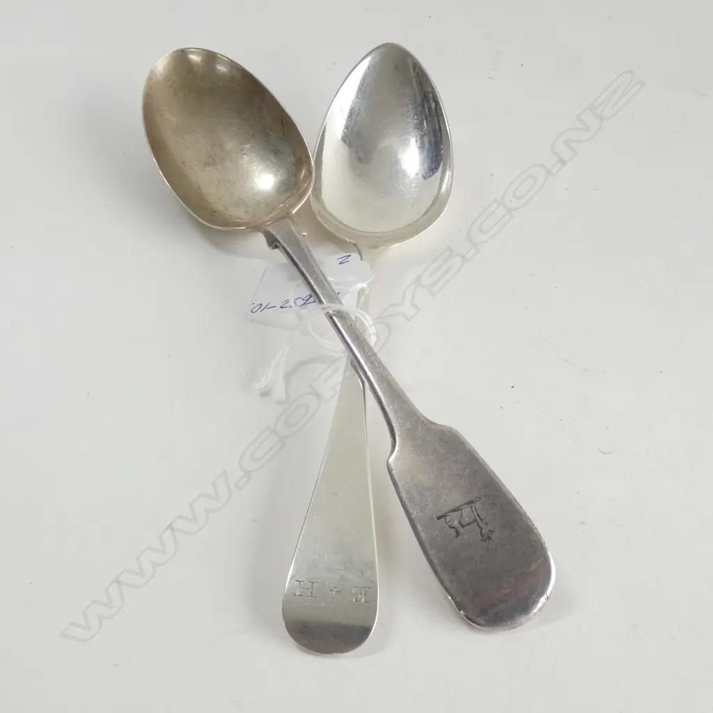 2 SILVER TABLE SPOONS. GEO.III L.1814 + VICT. DUBLIN 1859 129gms Image 1++