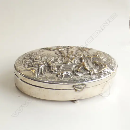 EARLY 20thC 'DENMARK' S/PLATE FANCY BOX OUTDOOR FIGURES L.155mm RED VELVET LINED