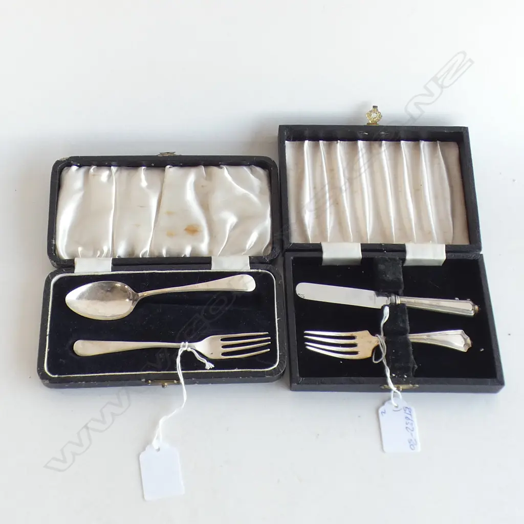 2 BOXED SILVER CHRISTENING SETS. SPOON & FORK + KNIFE & FORK Image 1++