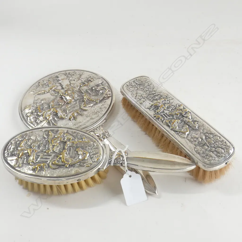 3 PCE 'DENMARK' FANCY S/PLATE VANITY SET MIRROR & 2 BRUSHES Image 1++