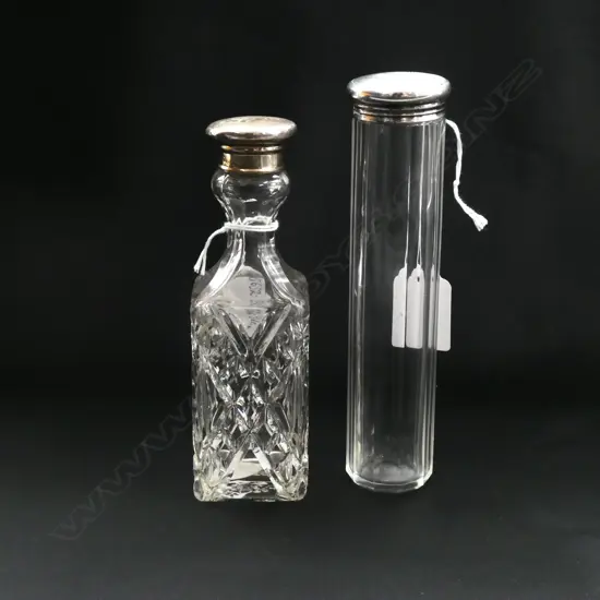 2 SILVER TOPPED TALL VANITY BOTTLES C1900 Tallest 170mm