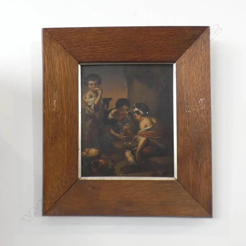 LATE 19TH CENTURY PAINTING ON TIN (AFTER MURILLO) CHILDREN PLAYING DICE 190X160MM Image 1++
