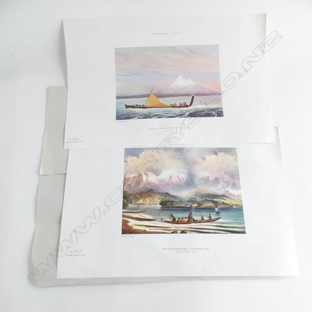 2 NZ ILLUSTRATED LTD ED PRINTS 547/1000 BY GEORGE FRENCH ANGAS; VOLCANO TONGARIRO & TARANAKI WAR CANOE 240 X 175MM Image 1++