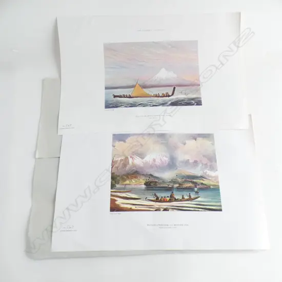 2 NZ ILLUSTRATED LTD ED PRINTS 547/1000 BY GEORGE FRENCH ANGAS; VOLCANO TONGARIRO & TARANAKI WAR CANOE 240 X 175MM
