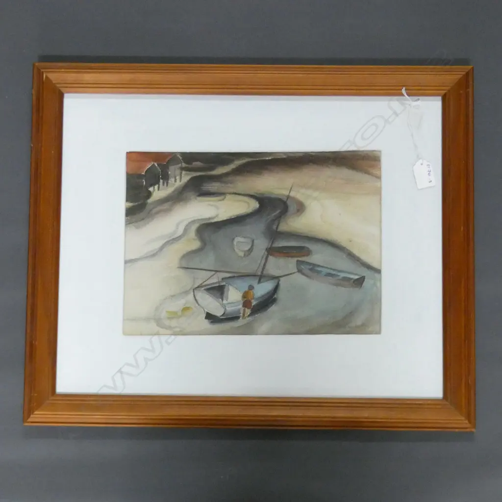 SINA WOOLCOTT (1907-2003) WATERCOLOUR, RIVER MOUTH WITH SAILBOATS. 235 X 325mm Image 1++