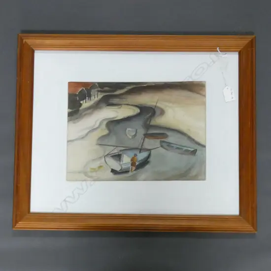 SINA WOOLCOTT (1907-2003) WATERCOLOUR, RIVER MOUTH WITH SAILBOATS. 235 X 325mm