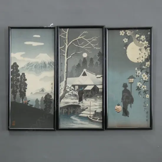 TRIPTYCH OF JAPANESE SILK PRINTS - WINTER SCENE, MT FUJI & LADY W BLOSSOMS C1936  370 X 160MM