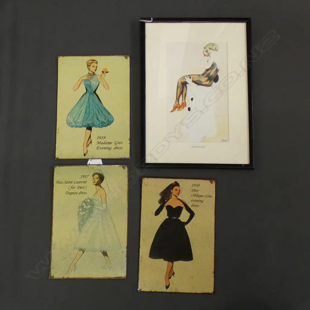 3 VINTAGE STYLE TIN FASHION PLATES; DIOR ETC 280x190mm + DECO PRINT 'HARLEQUINADE'  Image 1++