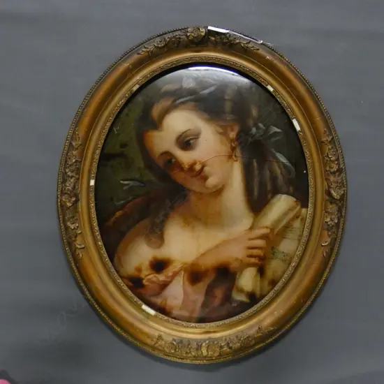 19thC GILT FRAMED ITALIAN OIL PORTRAIT OF A WOMAN 460 X 380MM cracked & LOOSE IN FRAME)