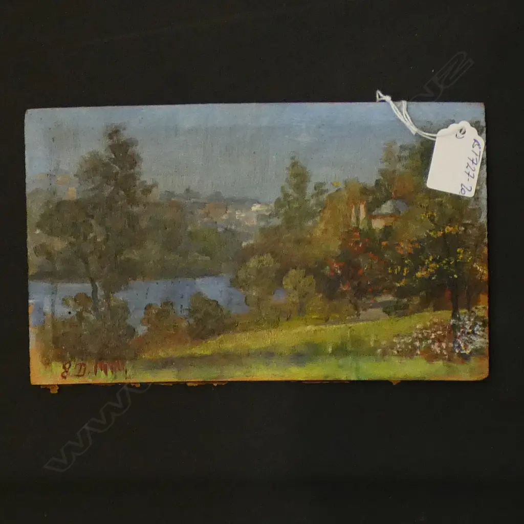 1910 CONIAL OIL PAINTING ON CIGAR BOX LID COASTAL TOWN SCENE BY E.D.1910. 140x230mm Image 1++