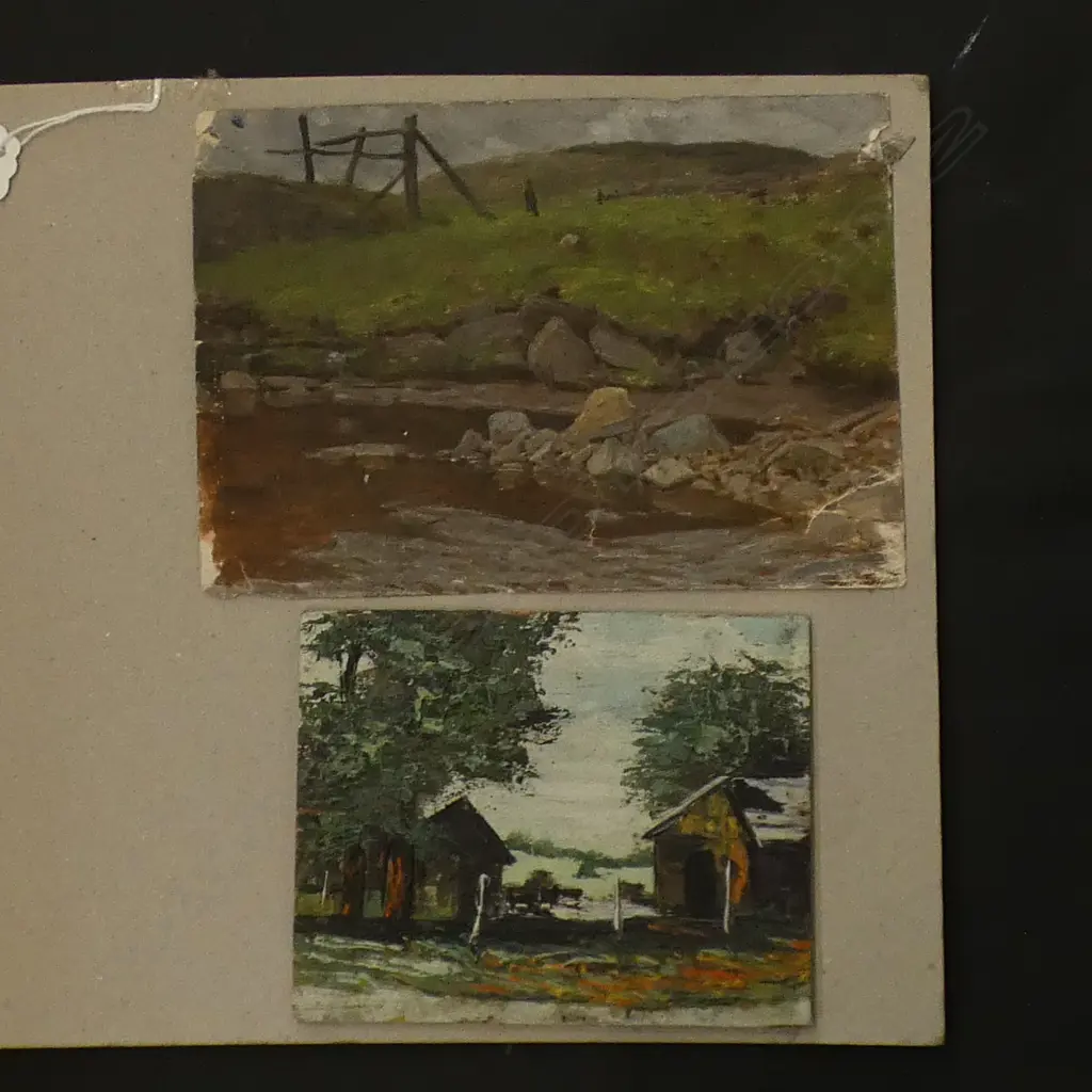 2 OLD SMALL OIL PAINTINGS RIVER SCENE & FARM BUILDINGS Image 1++