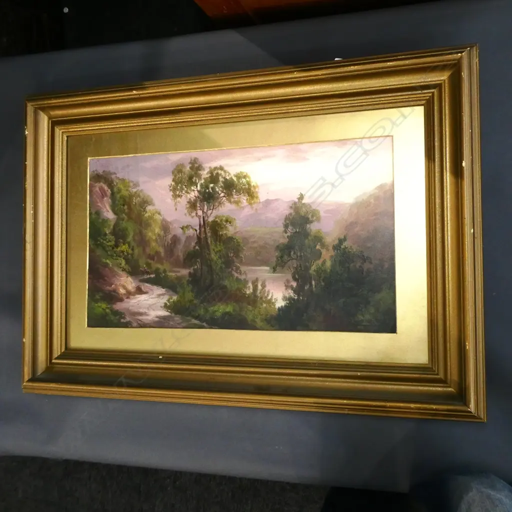 OIL PAINTING EARLT 20TH CENTURY BY ALLEN BOLLOND. DEPICTS NZ RIVERSIDE ROAD 265X480MM Image 1++