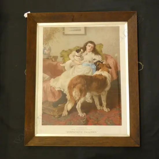 EDWARDIAN CHROMOLITHOGRAPH 'SYMPATHETIC ENQUIRIES' 580x465mm IN OAK FRAME
