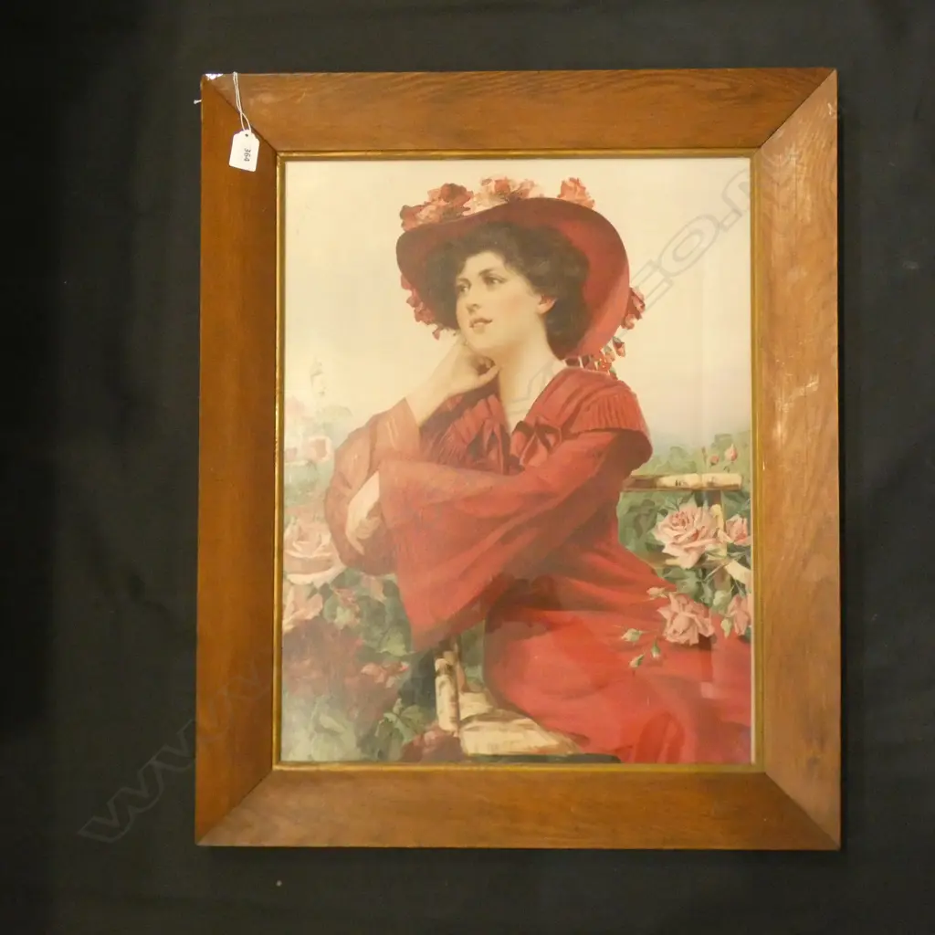 EDWARDIAN CHROMOLITHOGRAPH LADY IN RED DRESS 560x435mm, OAK FRAME Image 1++